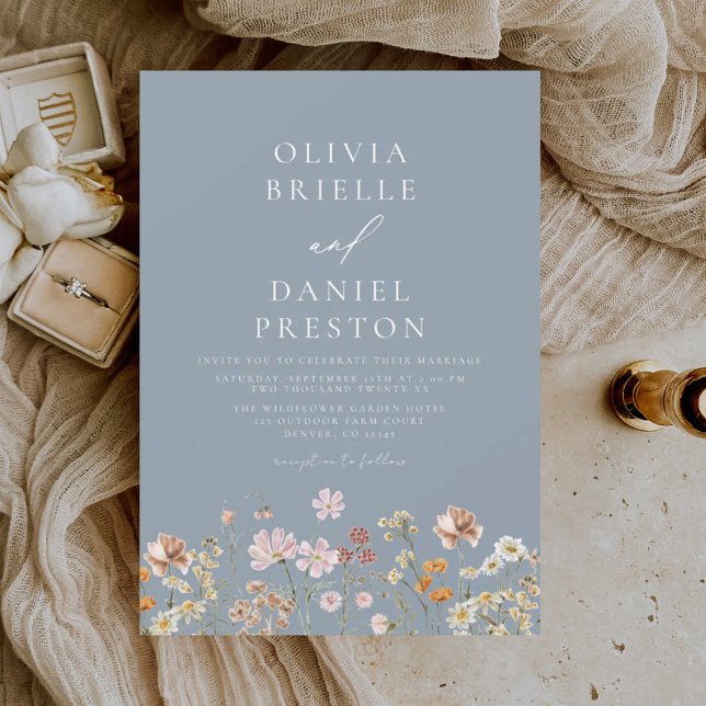 Dusty Blue Boho Wildflower Rustic Garden Wedding Invitation (Creator Uploaded)