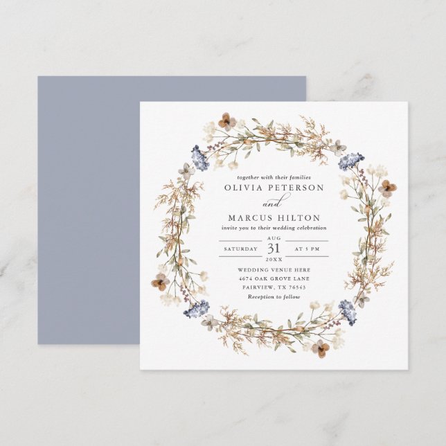 Dusty Blue Boho Wildflower Wedding Invitation (Front/Back)