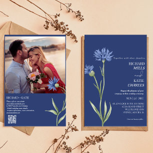 Dusty blue Bold Floral stylish Qr code wedding  Invitation