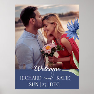 Dusty Blue Bold Floral Stylish QR Code Wedding  Poster