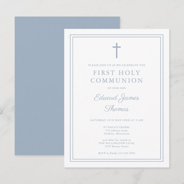 Dusty Blue Border First Holy Communion Invitation Postcard (Front/Back)