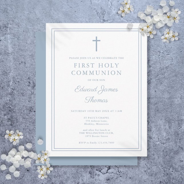 Dusty Blue Border First Holy Communion Invitation Postcard (Dusty Blue Border First Holy Communion Invitation Postcard)