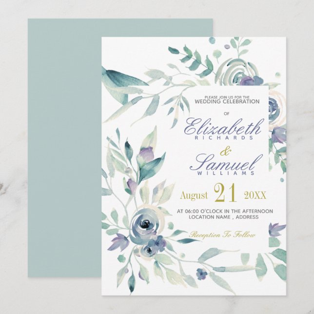 Dusty Blue Botanic Watercolor Elegant Wedding Invitation (Front/Back)