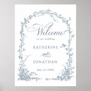 Dusty Blue Botanical Arch Garden Wedding Welcome  Poster