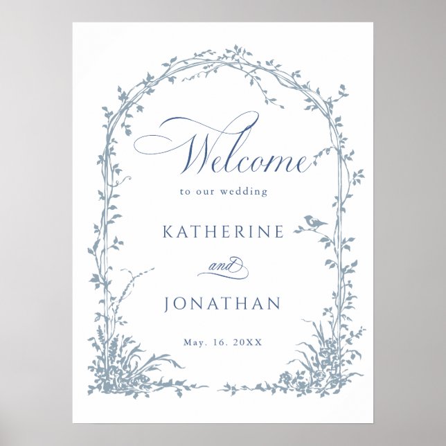 Dusty Blue Botanical Arch Garden Wedding Welcome  Poster (Front)