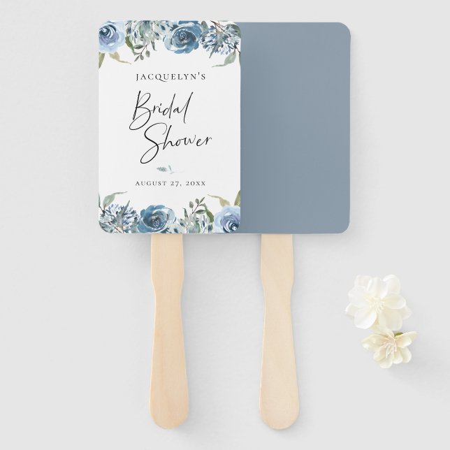 Dusty Blue Botanical Bridal Shower Hand Fan (Front and Back)