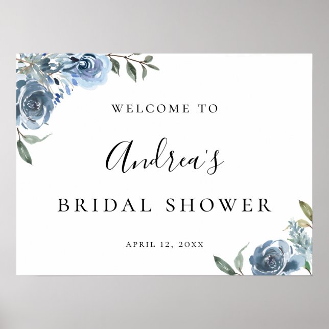 Dusty Blue Botanical Bridal Shower Welcome Poster (Front)