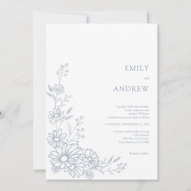 Dusty Blue Botanical Daisy Garden Wedding Invitation (Front)