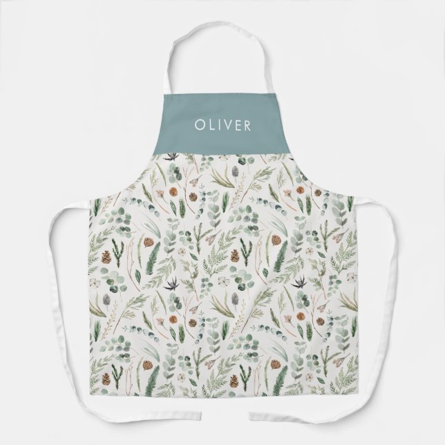 Dusty blue botanical elegant modern family gift apron (Front)