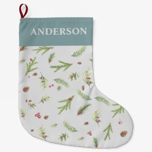 Dusty Blue botanical elegant modern family gift  Large Christmas Stocking