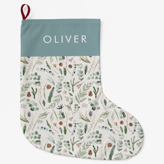 Dusty blue botanical elegant modern family gift large christmas stocking (Front)