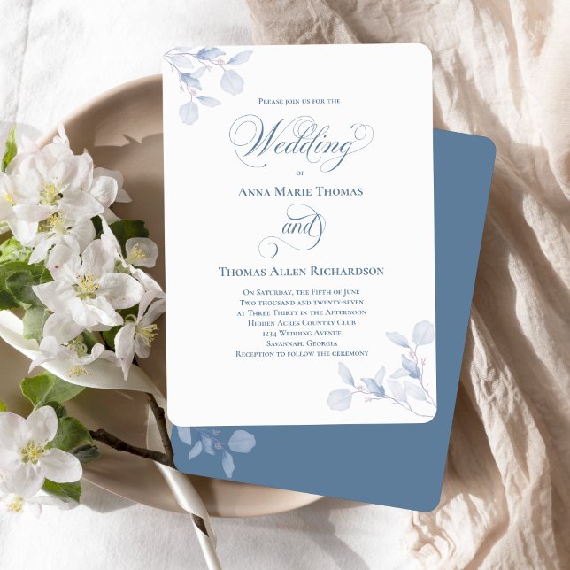 Dusty Blue Botanical Elegant Script Wedding Invite (Elegant dusty blue floral wedding invite styled with white blossoms and soft linen)