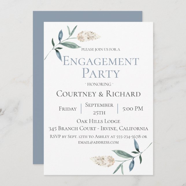 Dusty Blue Botanical Engagement Party Invitation (Front/Back)