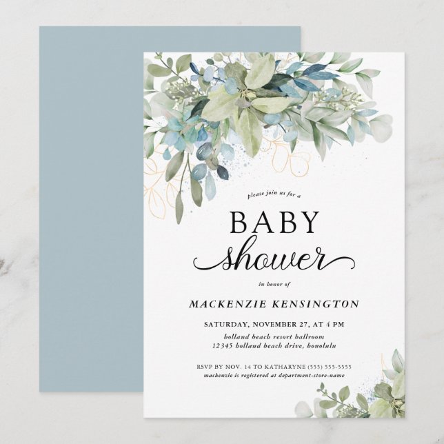 Dusty Blue Botanical Eucalyptus Baby Shower Invitation (Front/Back)