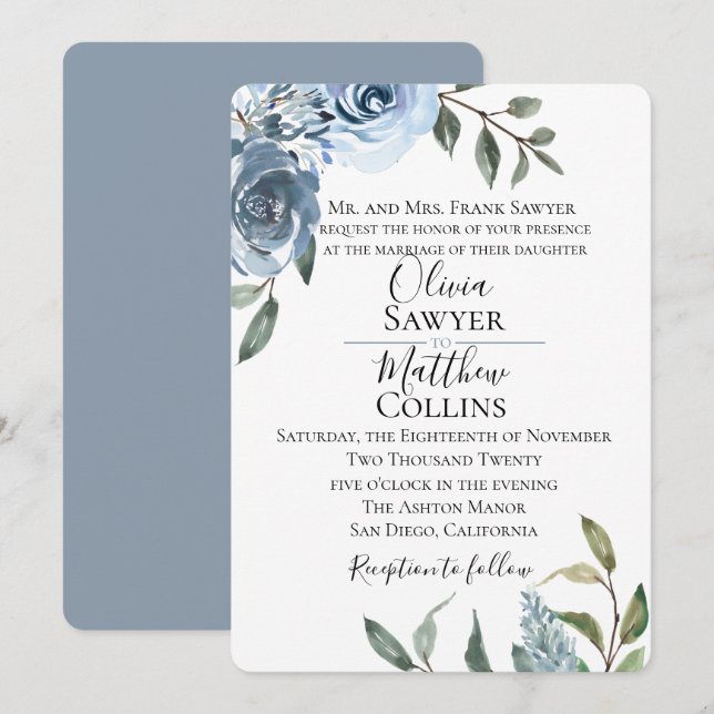 Dusty Blue Botanical Faire-part de mariage (Devant / Derrière)