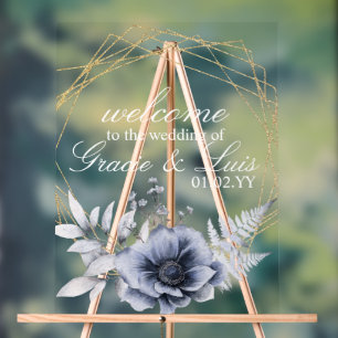 Dusty Blue Botanical Florals Gold Mariage
