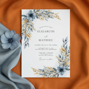 Dusty Blue Botanical Flourish Wedding Invitation