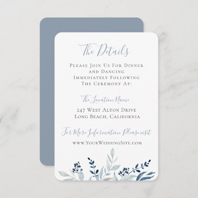 Dusty Blue Botanical Foliage Wedding Details Invitation (Front/Back)