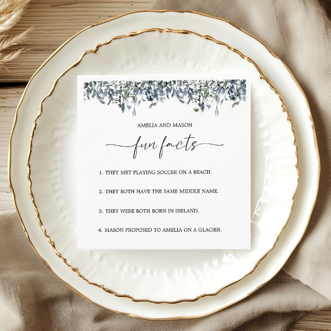 Dusty Blue Botanical Greenery Fun Facts Wedding Napkin (Dusty Blue Botanical Greenery Fun Facts Wedding Napkins)