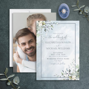Dusty Blue Botanical Greenery Watercolor Photo Invitation