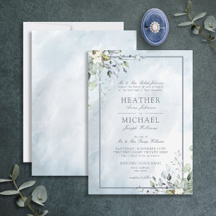 Dusty Blue Botanical Greenery Watercolor Script Invitation
