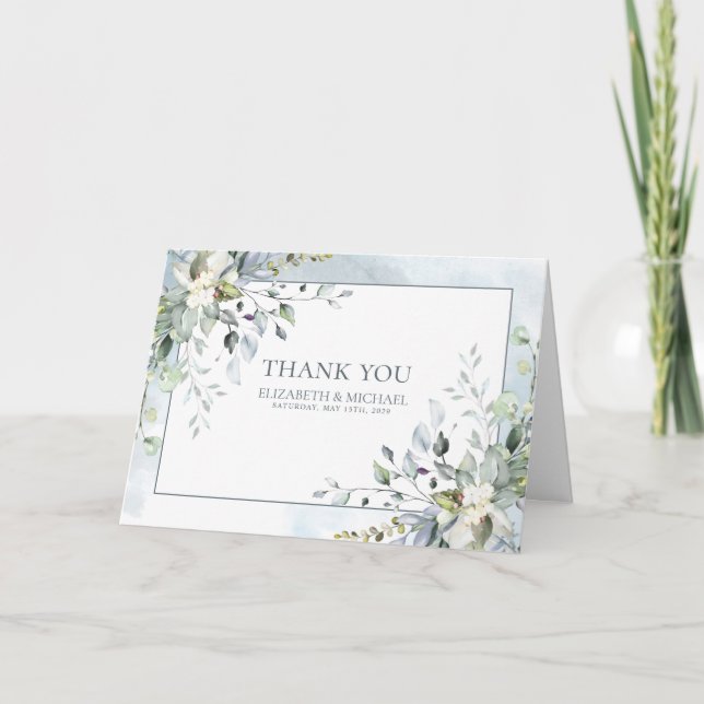 Dusty Blue Botanical Greenery Watercolor Thank You Card (Front)