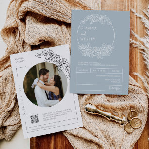 Dusty Blue Botanical Line Art Boho QR Code Photo Invitation