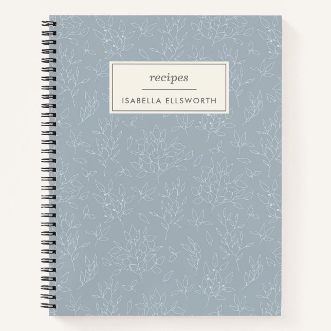 Dusty Blue Botanical Line Art Personalized Recipe Notebook (Front)
