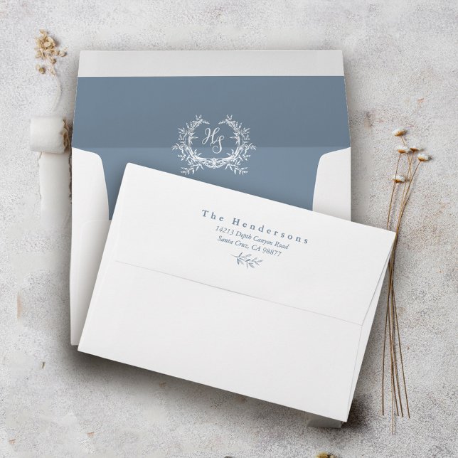 Dusty Blue Botanical Monogram Crest Wedding Envelope (Creator Uploaded)