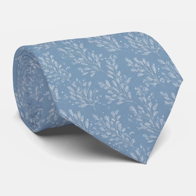Dusty Blue Botanical Personalized Wedding Tie (Rolled)