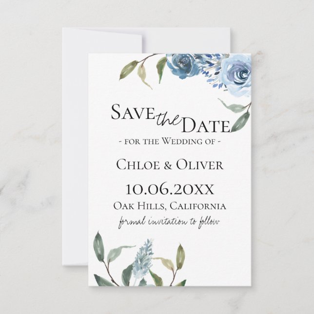 Dusty Blue Botanical Save The Date Announcement (Front)