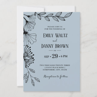Dusty Blue Botanical Simple Doodle Floral Wedding  Invitation