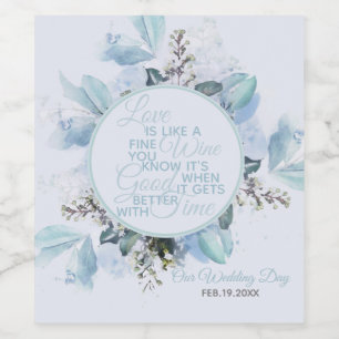 Dusty Blue Botanical Watercolor Wedding Wine Label