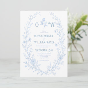 Dusty Blue Botanical Wedding Floral Wreath Invitation