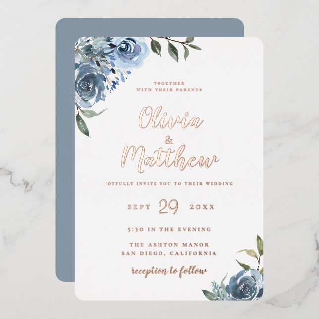 Dusty Blue Botanical Wedding Foil Invitation (Front/Back)
