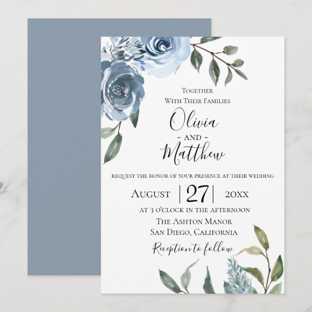 Dusty Blue Botanical Wedding Invitation (Front/Back)