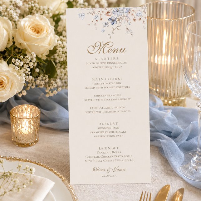 Dusty Blue Botanical Wedding Menu Card (Dusty Blue Botanical Wedding Menu Card)