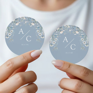 Dusty Blue Botanical Wedding Monogram Design Classic Round Sticker