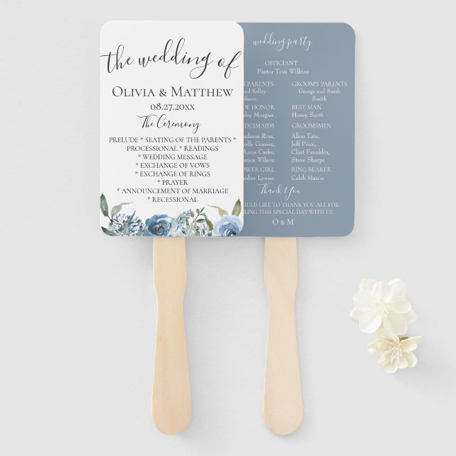 Dusty Blue Botanical Wedding Program Hand Fan (Front and Back)