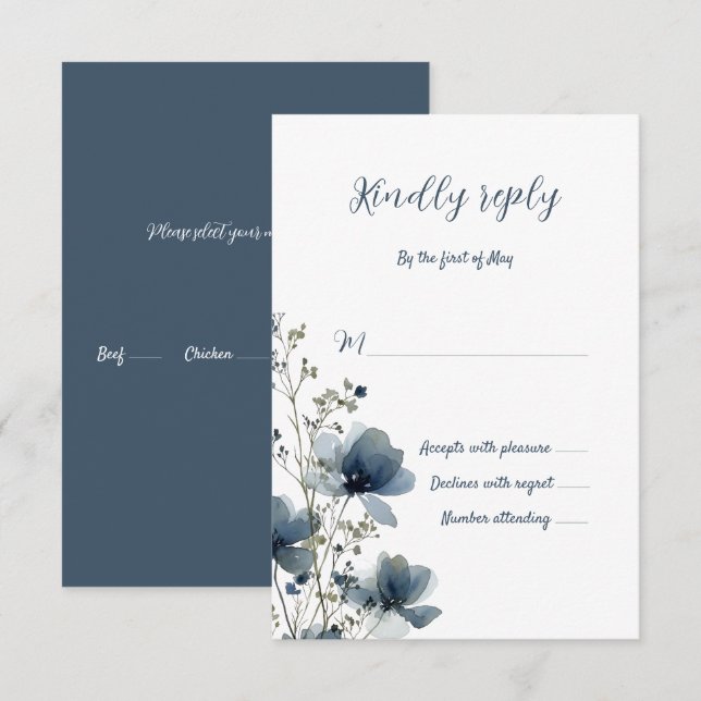 Dusty Blue Botanical Wedding RSVP Card (Front/Back)