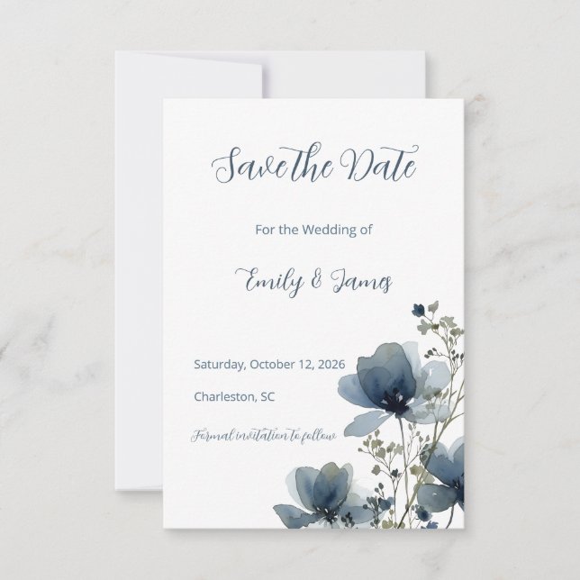 Dusty Blue Botanical Wedding Save The Date (Front)