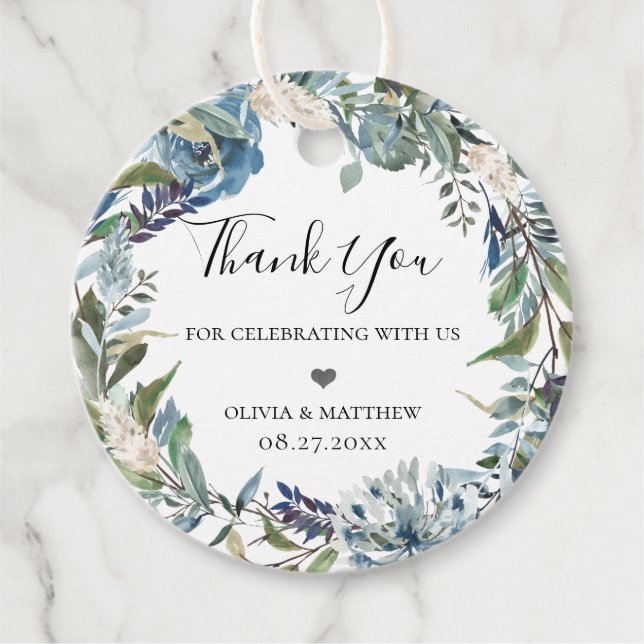 Dusty Blue Botanical Wreath Favour Tags (Front)