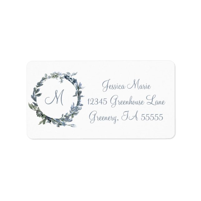 Dusty Blue Botanical Wreath Monogram Label (Front)