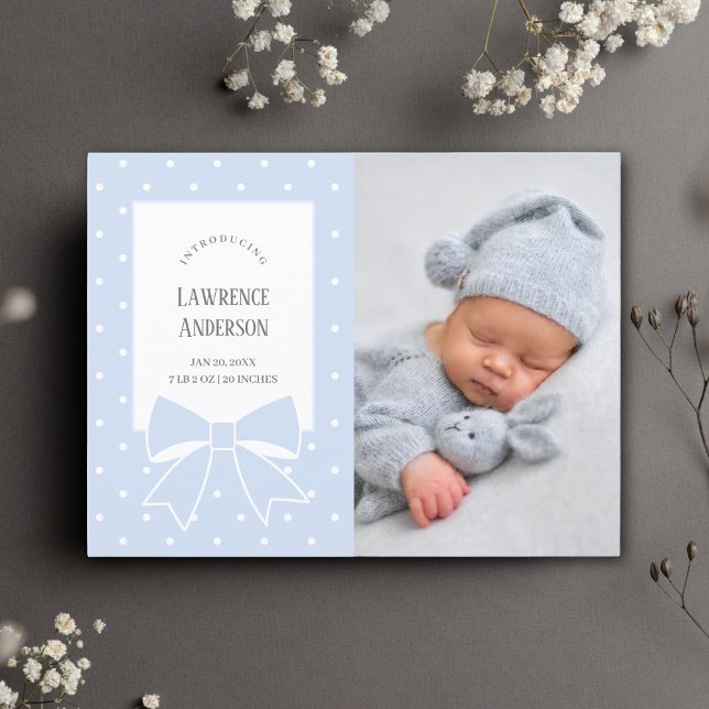 Dusty Blue Bow Baby Boy Photo Birth Announcement (Creator Uploaded)