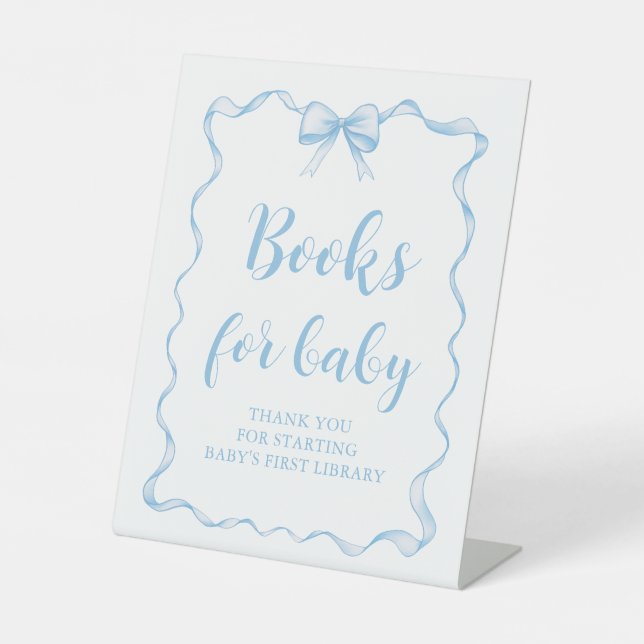 Dusty Blue Bow Boy Baby Shower Books for Baby Game Pedestal Sign (Front)