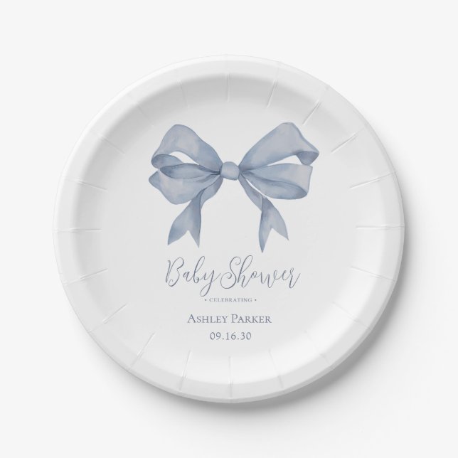 Dusty Blue Bow Boy Baby Shower Paper Plate (Front)