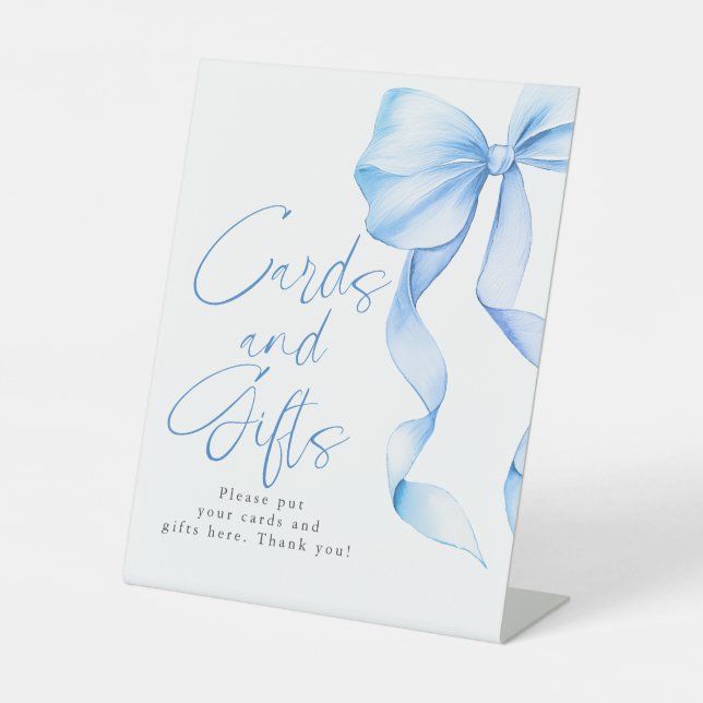 Dusty Blue Bow Cards and Gifts Bridal Shower Pedestal Sign (Front)