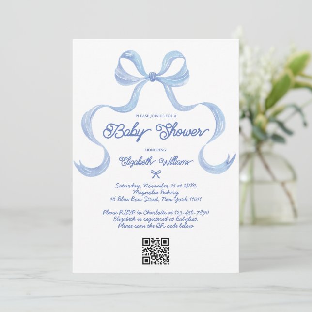 Dusty Blue Bow Coquette Boy Baby Shower Invitation (Standing Front)