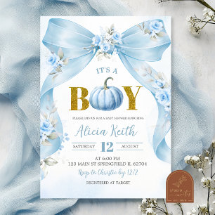 Dusty Blue Bow Coquette Pumpkin Baby Shower Invitation