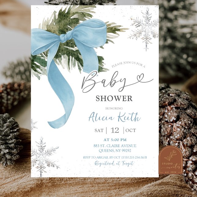 Dusty Blue Bow Coquette Winter Baby Shower Invitation (Creator Uploaded)